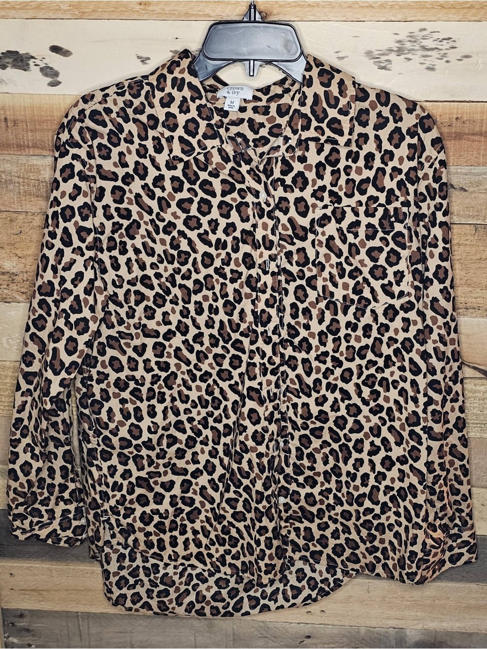 Crown & Ivy Leopard Print Button-Front Blouse - Beige/Black